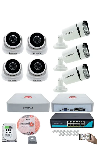 Kadraj IP Güvenlik Kamera Seti - 4 İç Mekan IP Kamera, 3 Dış Mekan IP Kamera, 1TB H.D.D, 9 Kanal NVR, Gece Görüş, Uzaktan İzleme, Hareket Tabiki, İnsan Tespi