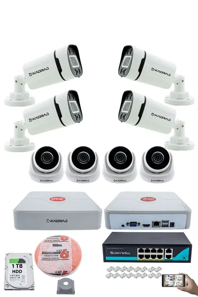 Kadraj IP Güvenlik Kamera Seti - 4 İç Mekan IP Kamera, 4 Dış Mekan IP Kamera, 1TB H.D.D, 9 Kanal NVR, Gece Görüş, Uzaktan İzleme, Hareket Tabiki, İnsan Tespi