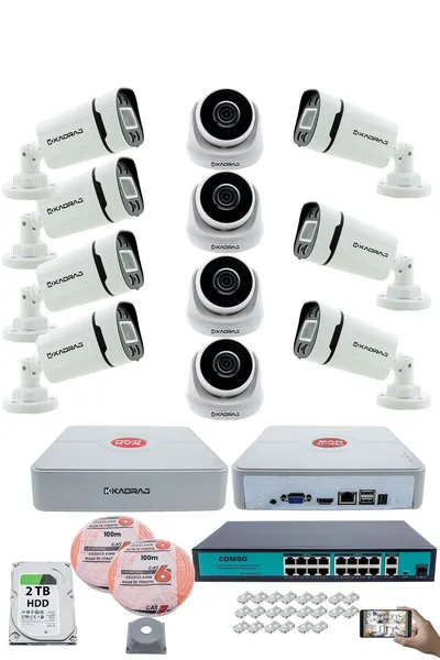 Kadraj IP Güvenlik Kamera Seti - 4 İç Mekan IP Kamera, 7 Dış Mekan IP Kamera, 2TB H.D.D, 16 Kanal NVR, Gece Görüş, Uzaktan İzleme, Hareket Tabiki, İnsan Tes