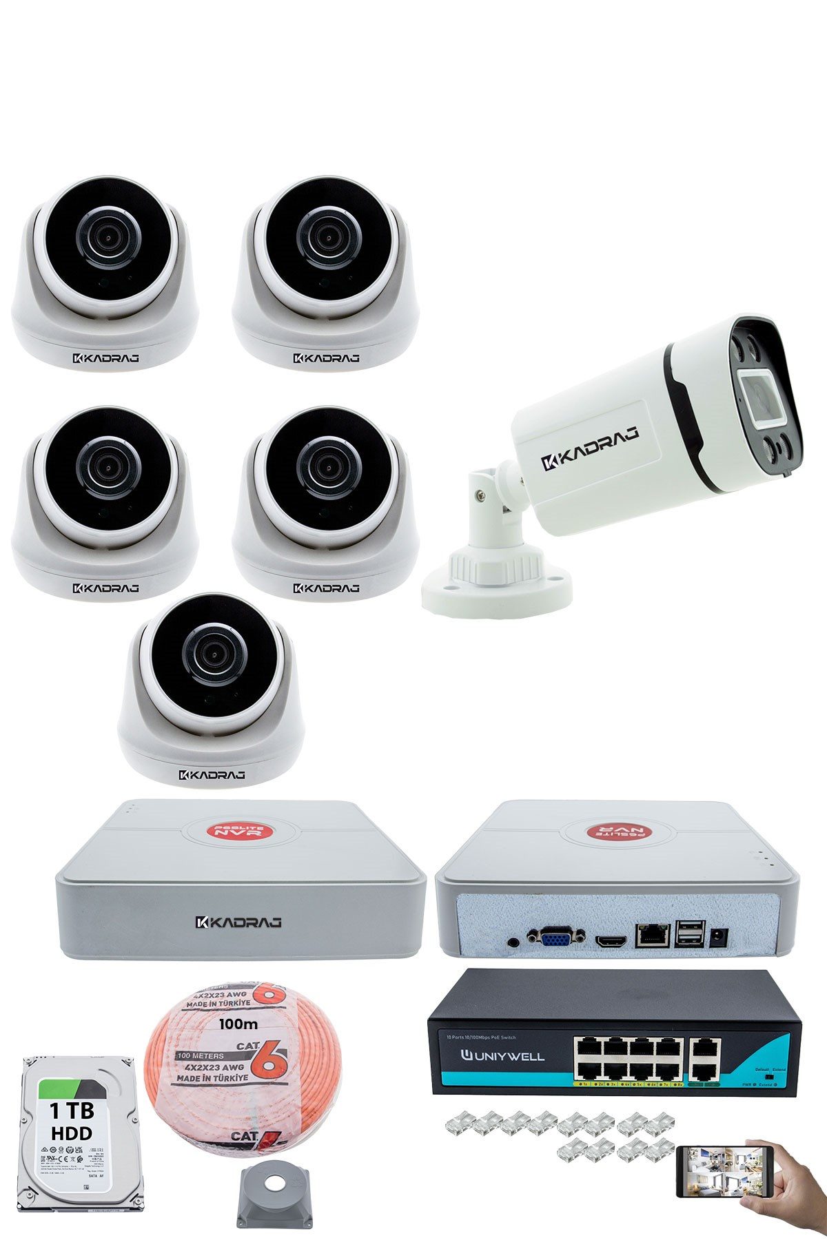 Kadraj IP Güvenlik Kamera Seti - 5 İç Mekan IP Kamera, 1 Dış Mekan IP Kamera, 1TB H.D.D, 9 Kanal NVR, Gece Görüş, Uzaktan İzleme, Hareket Tabiki, İnsan Tespi