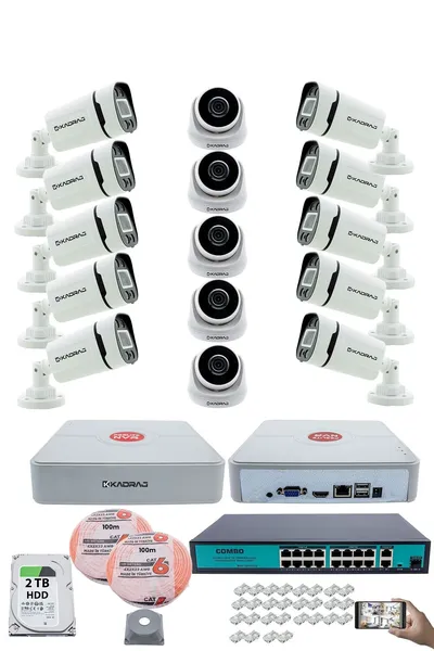 Kadraj IP Güvenlik Kamera Seti - 5 İç Mekan IP Kamera, 10 Dış Mekan IP Kamera, 2TB H.D.D, 16 Kanal NVR, Gece Görüş, Uzaktan İzleme, Hareket Tabiki, İnsan Tes