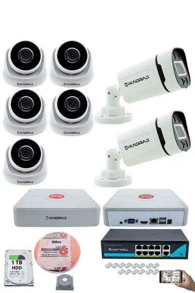 Kadraj IP Güvenlik Kamera Seti - 5 İç Mekan IP Kamera, 2 Dış Mekan IP Kamera, 1TB H.D.D, 9 Kanal NVR, Gece Görüş, Uzaktan İzleme, Hareket Tabiki, İnsan Tespi