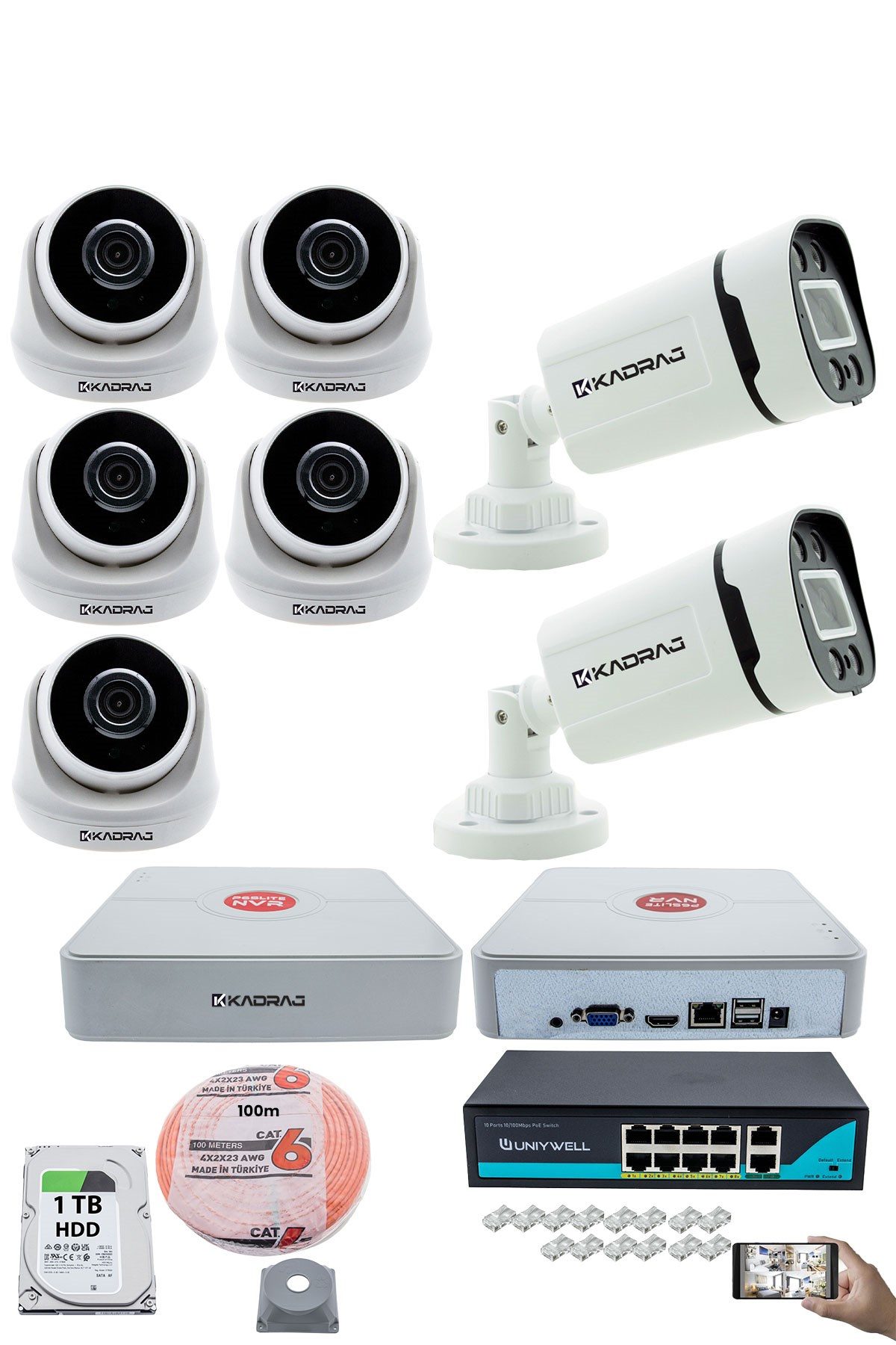 Kadraj IP Güvenlik Kamera Seti - 5 İç Mekan IP Kamera, 2 Dış Mekan IP Kamera, 1TB H.D.D, 9 Kanal NVR, Gece Görüş, Uzaktan İzleme, Hareket Tabiki, İnsan Tespi