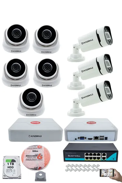 Kadraj IP Güvenlik Kamera Seti - 5 İç Mekan IP Kamera, 3 Dış Mekan IP Kamera, 1TB H.D.D, 9 Kanal NVR, Gece Görüş, Uzaktan İzleme, Hareket Tabiki, İnsan Tespi