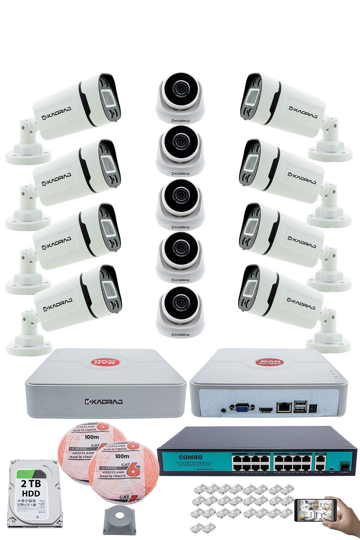 Kadraj IP Güvenlik Kamera Seti - 5 İç Mekan IP Kamera, 8 Dış Mekan IP Kamera, 2TB H.D.D, 16 Kanal NVR, Gece Görüş, Uzaktan İzleme, Hareket Tabiki, İnsan Tes