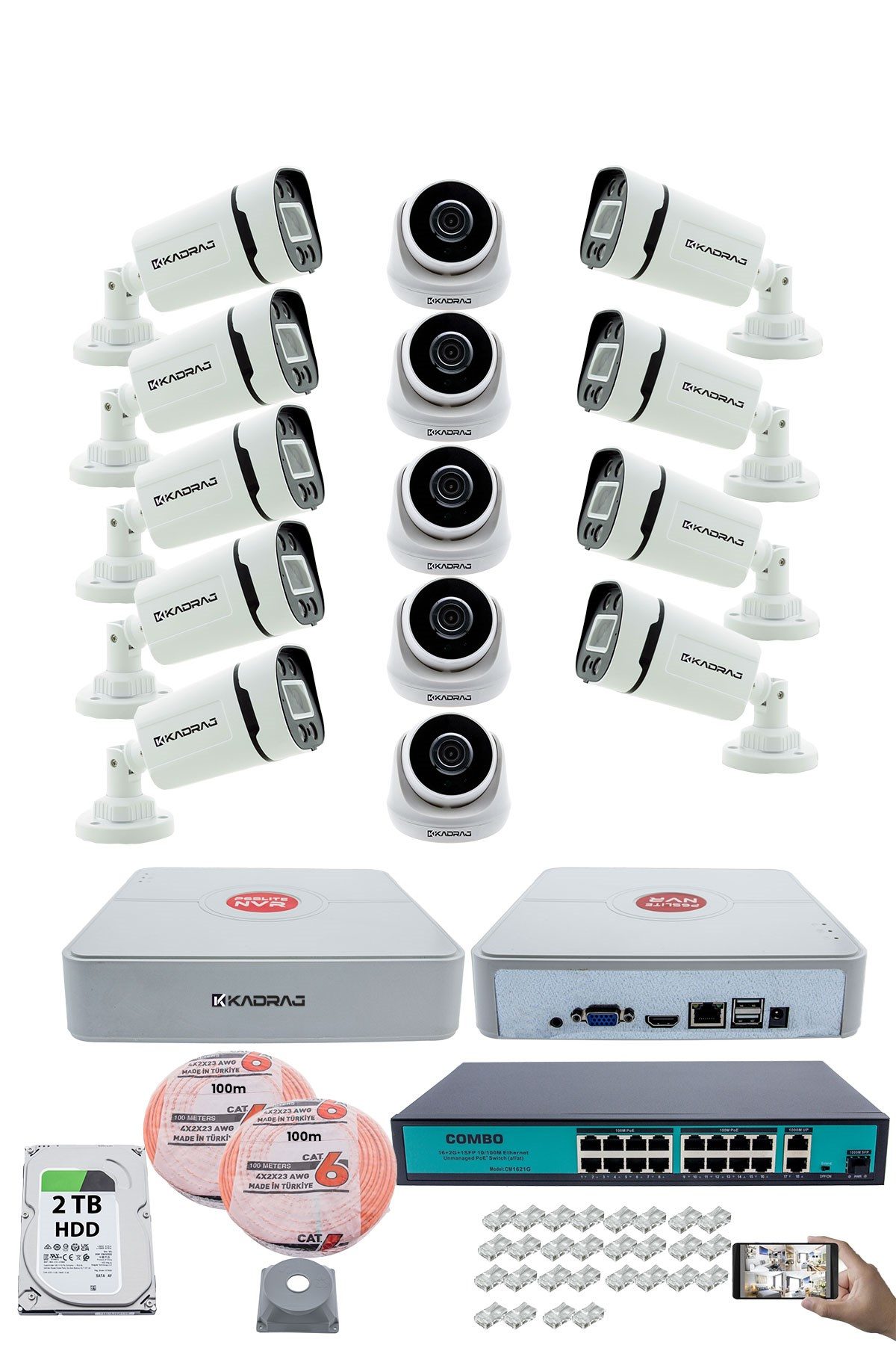 Kadraj IP Güvenlik Kamera Seti - 5 İç Mekan IP Kamera, 9 Dış Mekan IP Kamera, 2TB H.D.D, 16 Kanal NVR, Gece Görüş, Uzaktan İzleme, Hareket Tabiki, İnsan Tes