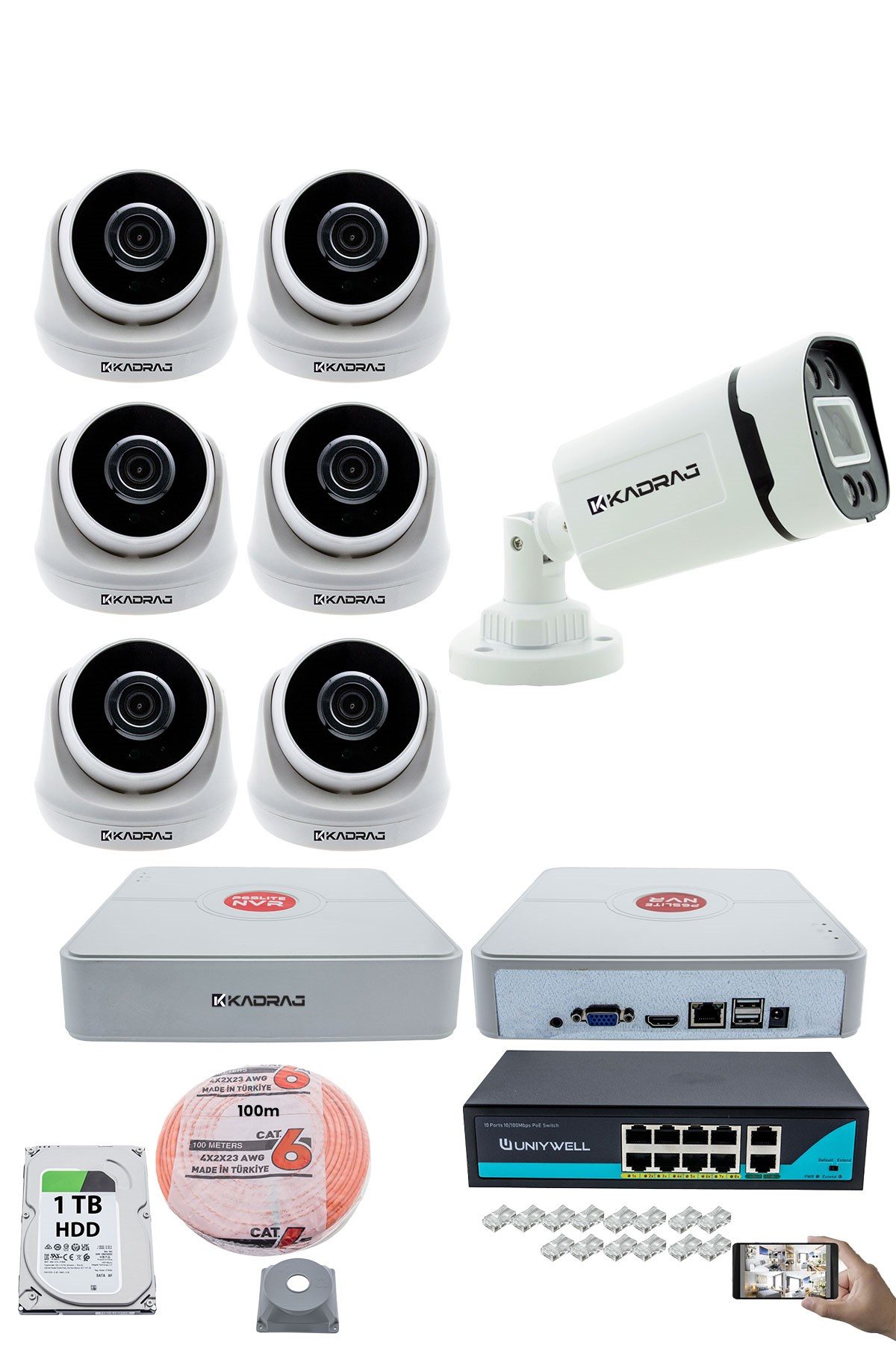 Kadraj IP Güvenlik Kamera Seti - 6 İç Mekan IP Kamera, 1 Dış Mekan IP Kamera, 1TB H.D.D, 9 Kanal NVR, Gece Görüş, Uzaktan İzleme, Hareket Tabiki, İnsan Tespi