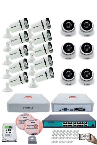 Kadraj IP Güvenlik Kamera Seti - 6 İç Mekan IP Kamera, 10 Dış Mekan IP Kamera, 2TB H.D.D, 16 Kanal NVR, Gece Görüş, Uzaktan İzleme, Hareket Tabiki, İnsan Tes