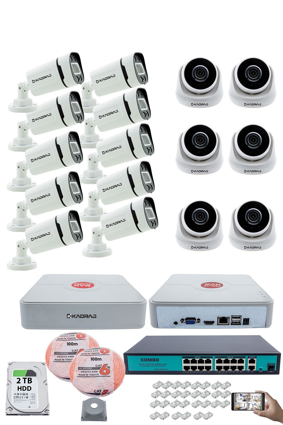 Kadraj IP Güvenlik Kamera Seti - 6 İç Mekan IP Kamera, 10 Dış Mekan IP Kamera, 2TB H.D.D, 16 Kanal NVR, Gece Görüş, Uzaktan İzleme, Hareket Tabiki, İnsan Tes