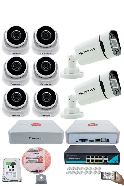 Kadraj IP Güvenlik Kamera Seti - 6 İç Mekan IP Kamera, 2 Dış Mekan IP Kamera, 1TB H.D.D, 9 Kanal NVR, Gece Görüş, Uzaktan İzleme, Hareket Tabiki, İnsan Tespi