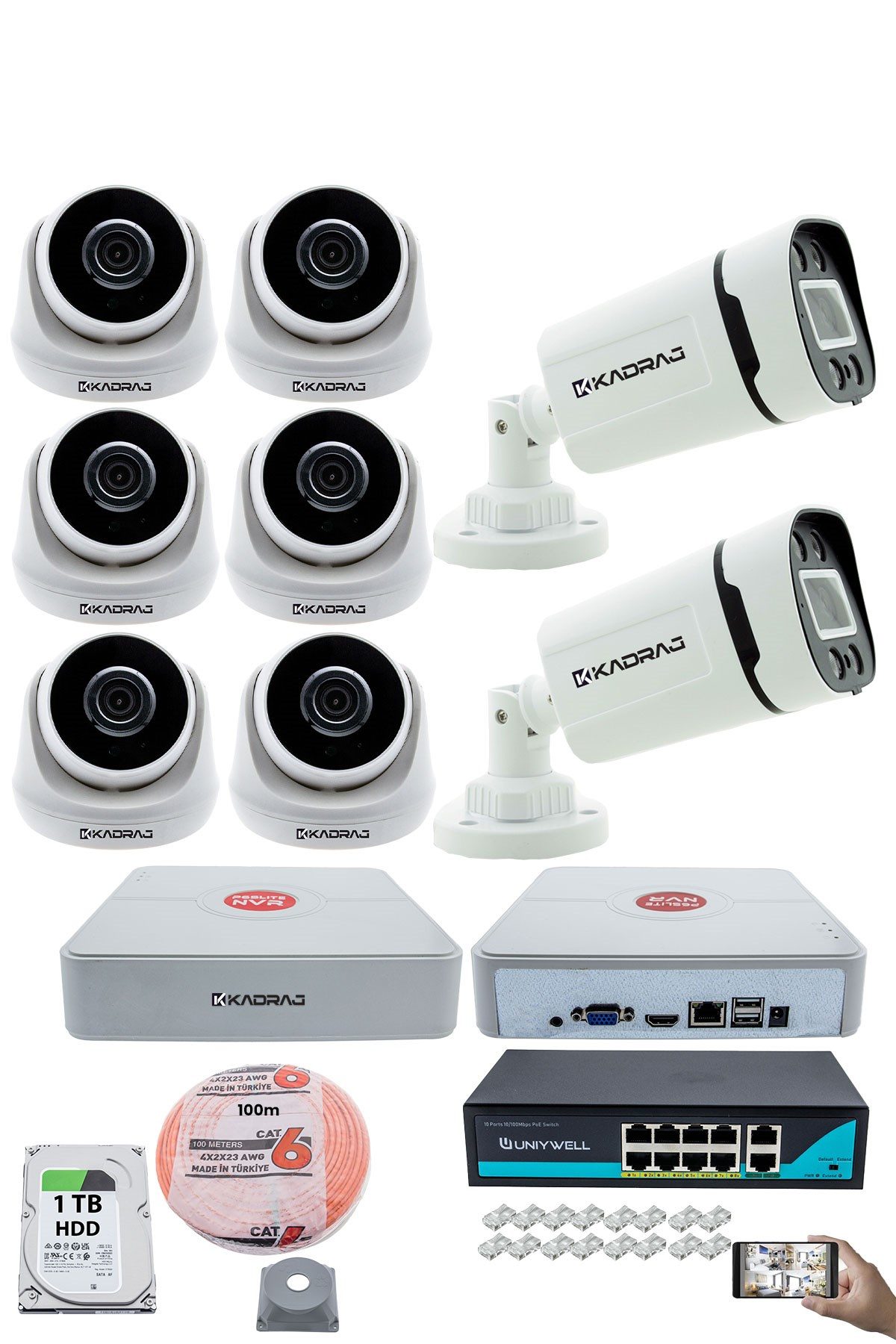 Kadraj IP Güvenlik Kamera Seti - 6 İç Mekan IP Kamera, 2 Dış Mekan IP Kamera, 1TB H.D.D, 9 Kanal NVR, Gece Görüş, Uzaktan İzleme, Hareket Tabiki, İnsan Tespi