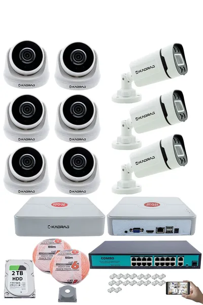 Kadraj IP Güvenlik Kamera Seti - 6 İç Mekan IP Kamera, 3 Dış Mekan IP Kamera, 2TB H.D.D, 16 Kanal NVR, Gece Görüş, Uzaktan İzleme, Hareket Tabiki, İnsan Tes