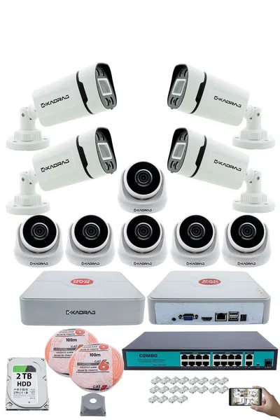 Kadraj IP Güvenlik Kamera Seti - 6 İç Mekan IP Kamera, 4 Dış Mekan IP Kamera, 2TB H.D.D, 16 Kanal NVR, Gece Görüş, Uzaktan İzleme, Hareket Tabiki, İnsan Tes