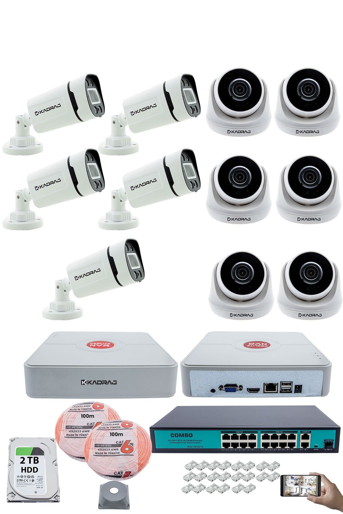 Kadraj IP Güvenlik Kamera Seti - 6 İç Mekan IP Kamera, 5 Dış Mekan IP Kamera, 2TB H.D.D, 16 Kanal NVR, Gece Görüş, Uzaktan İzleme, Hareket Tabiki, İnsan Tes