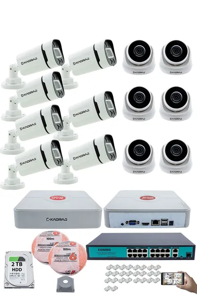 Kadraj IP Güvenlik Kamera Seti - 6 İç Mekan IP Kamera, 7 Dış Mekan IP Kamera, 2TB H.D.D, 16 Kanal NVR, Gece Görüş, Uzaktan İzleme, Hareket Tabiki, İnsan Tes