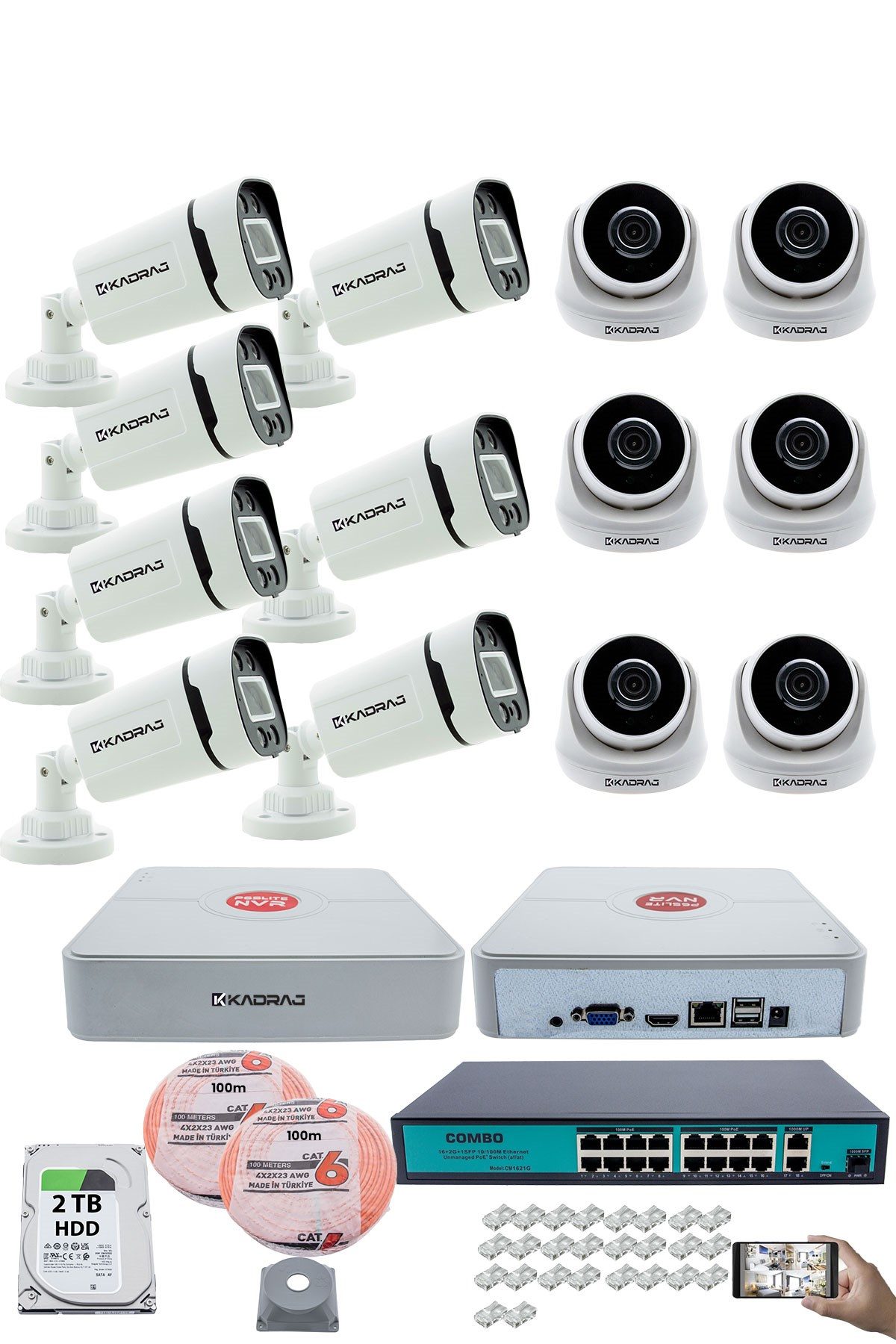 Kadraj IP Güvenlik Kamera Seti - 6 İç Mekan IP Kamera, 7 Dış Mekan IP Kamera, 2TB H.D.D, 16 Kanal NVR, Gece Görüş, Uzaktan İzleme, Hareket Tabiki, İnsan Tes