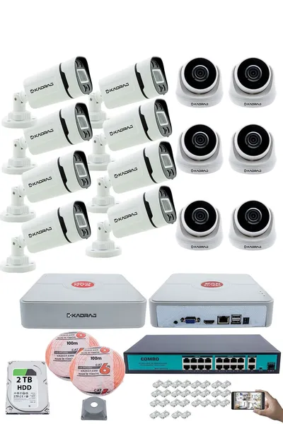 Kadraj IP Güvenlik Kamera Seti - 6 İç Mekan IP Kamera, 8 Dış Mekan IP Kamera, 2TB H.D.D, 16 Kanal NVR, Gece Görüş, Uzaktan İzleme, Hareket Tabiki, İnsan Tes