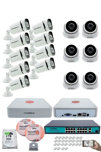 Kadraj IP Güvenlik Kamera Seti - 6 İç Mekan IP Kamera, 9 Dış Mekan IP Kamera, 2TB H.D.D, 16 Kanal NVR, Gece Görüş, Uzaktan İzleme, Hareket Tabiki, İnsan Tes