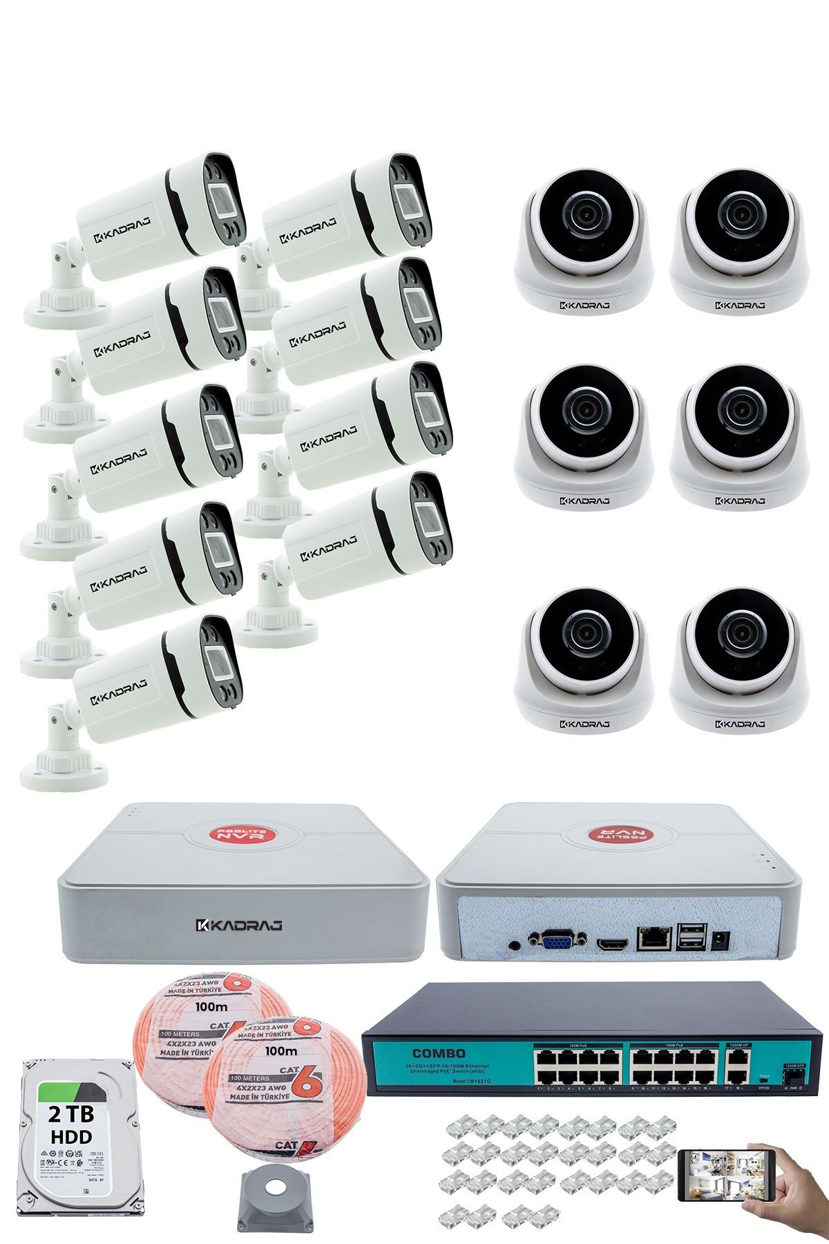 Kadraj IP Güvenlik Kamera Seti - 6 İç Mekan IP Kamera, 9 Dış Mekan IP Kamera, 2TB H.D.D, 16 Kanal NVR, Gece Görüş, Uzaktan İzleme, Hareket Tabiki, İnsan Tes