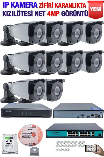 Kadraj IP Kamera Seti - 10 IP Kamera - 10 Kanal NVR - 16 Port POE Switch, 2 TB Disk, Gece Görüşlü (IR)