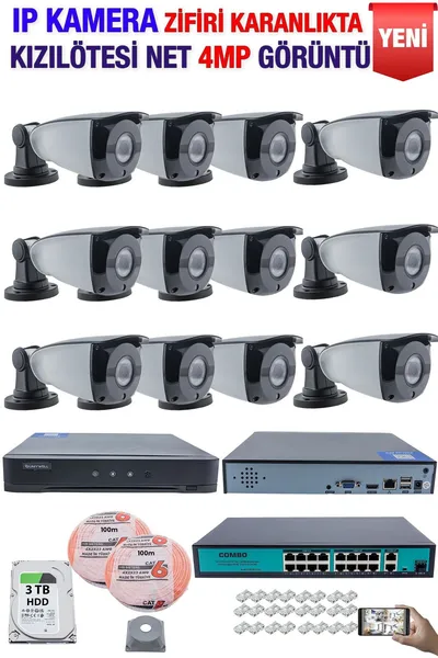 Kadraj IP Kamera Seti - 12 IP Kamera - 16 Kanal NVR - 16 Port POE Switch, 3 TB Disk, Gece Görüşlü (IR)