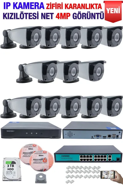 Kadraj IP Kamera Seti - 13 IP Kamera - 16 Kanal NVR - 16 Port POE Switch, 3 TB Disk, Gece Görüşlü (IR)