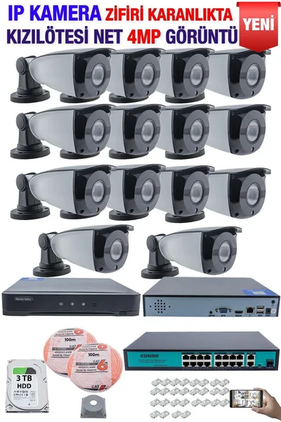 Kadraj IP Kamera Seti - 14 IP Kamera - 16 Kanal NVR - 16 Port POE Switch, 3 TB Disk, Gece Görüşlü (IR)