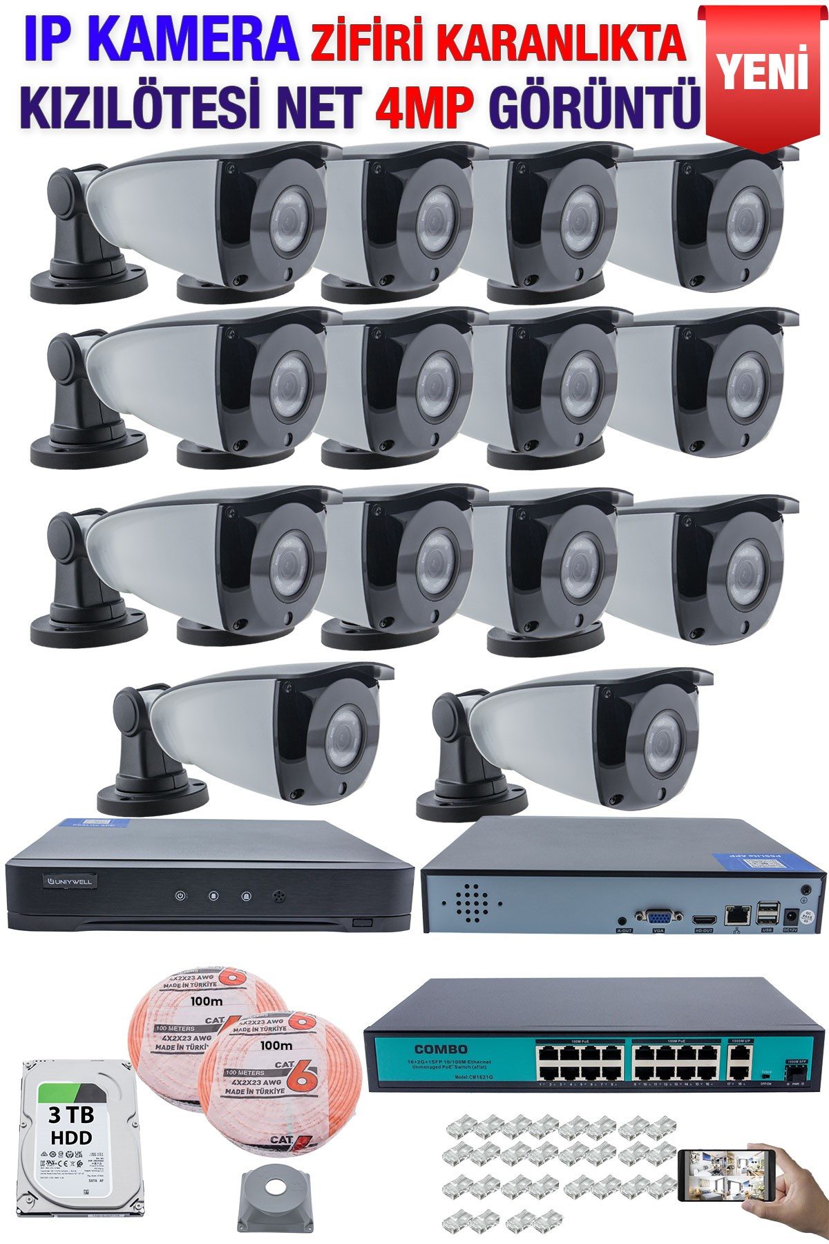 Kadraj IP Kamera Seti - 14 IP Kamera - 16 Kanal NVR - 16 Port POE Switch, 3 TB Disk, Gece Görüşlü (IR)