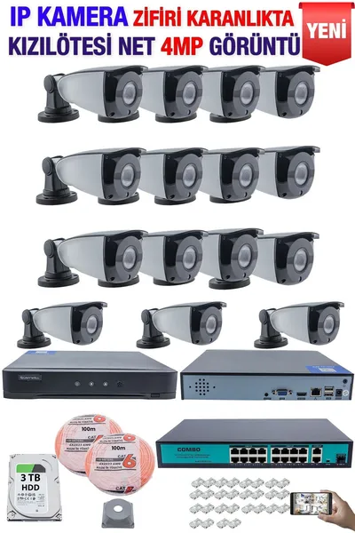 Kadraj IP Kamera Seti - 15 IP Kamera - 16 Kanal NVR - 16 Port POE Switch, 3 TB Disk, Gece Görüşlü (IR)