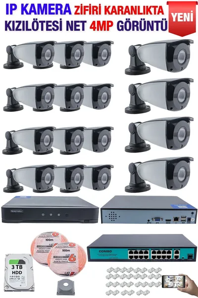 Kadraj IP Kamera Seti - 16 IP Kamera - 16 Kanal NVR - 16 Port POE Switch, 3 TB Disk, Gece Görüşlü (IR)