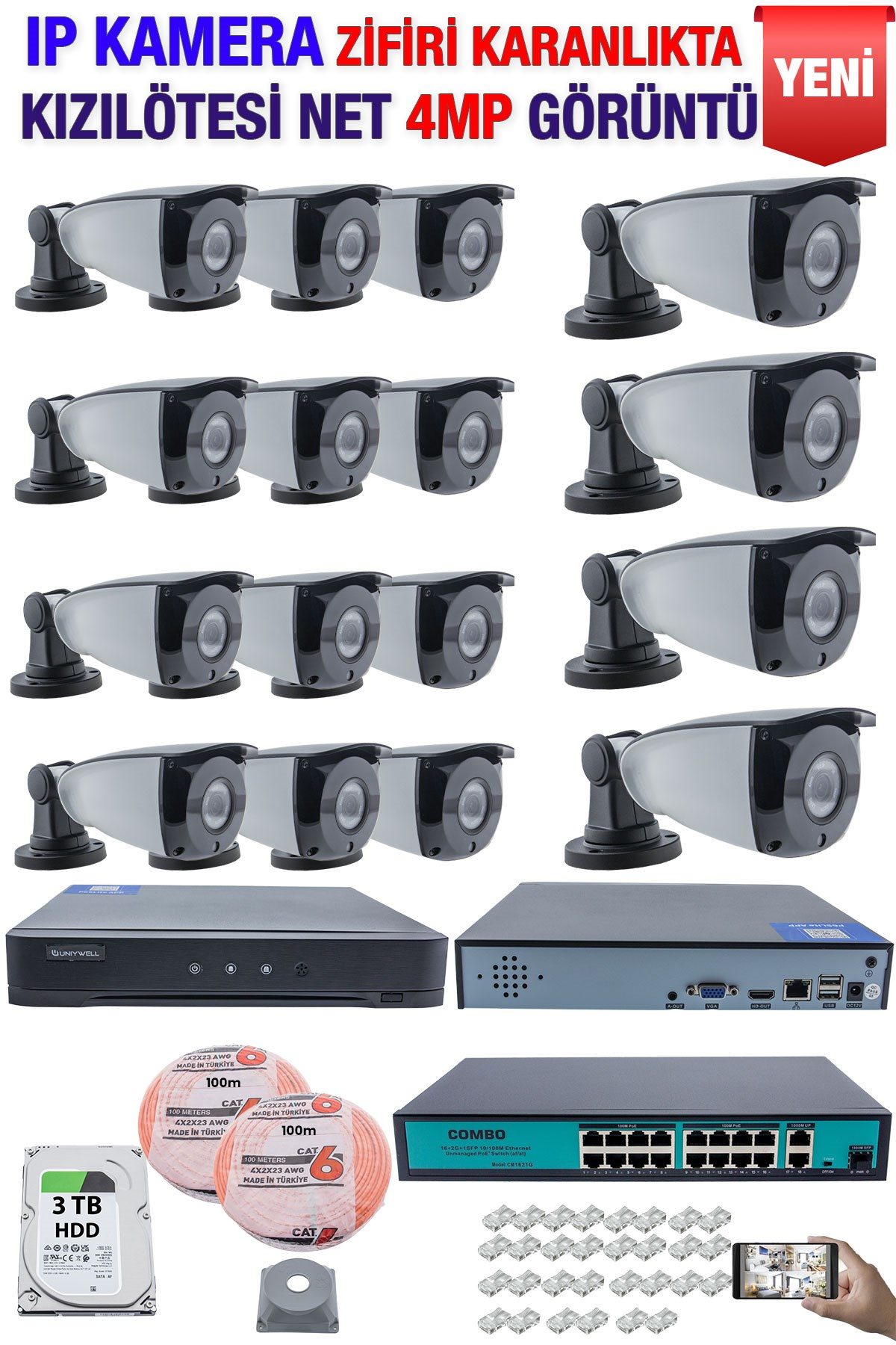 Kadraj IP Kamera Seti - 16 IP Kamera - 16 Kanal NVR - 16 Port POE Switch, 3 TB Disk, Gece Görüşlü (IR)