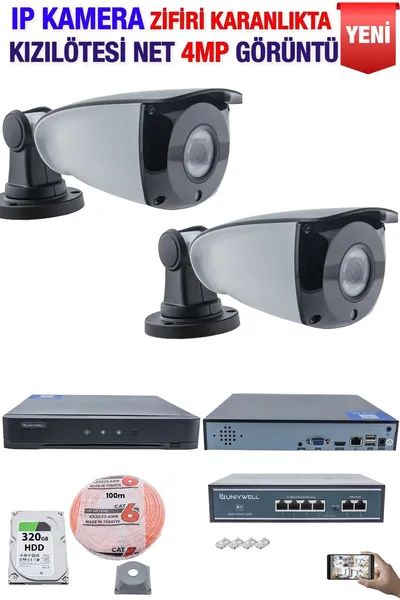 Kadraj IP Kamera Seti - 2 IP Kamera - 10 Kanal NVR - 4 Port POE Switch, 320 GB Disk, Gece Görüşlü (IR)