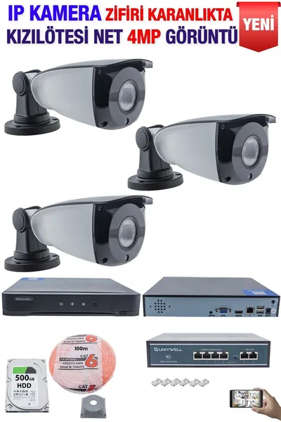 Kadraj IP Kamera Seti - 3 IP Kamera - 10 Kanal NVR - 4 Port POE Switch, 500 GB Disk, Gece Görüşlü (IR)