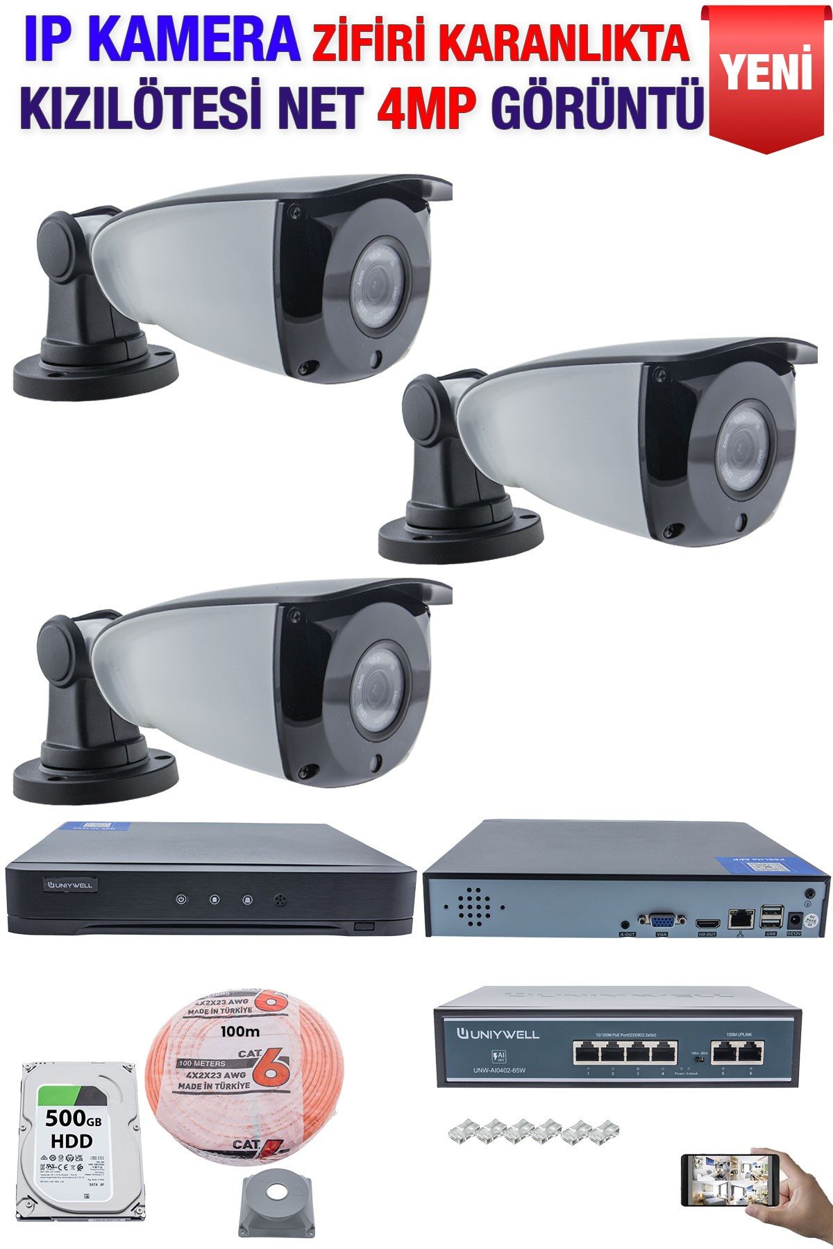 Kadraj IP Kamera Seti - 3 IP Kamera - 10 Kanal NVR - 4 Port POE Switch, 500 GB Disk, Gece Görüşlü (IR)