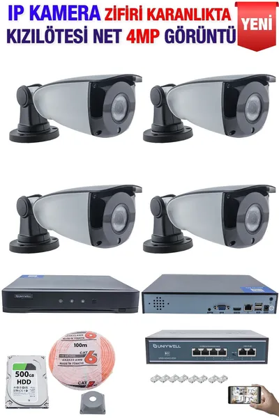 Kadraj IP Kamera Seti - 4 IP Kamera - 10 Kanal NVR - 4 Port POE Switch, 500 GB Disk, Gece Görüşlü (IR)