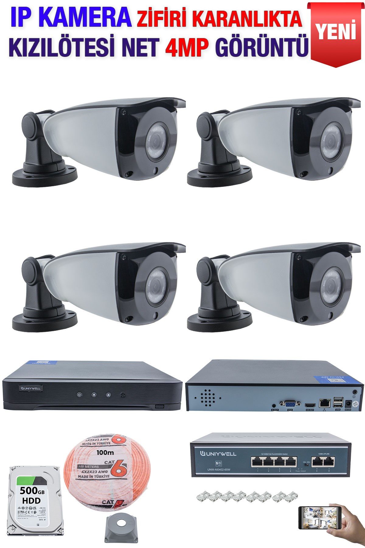 Kadraj IP Kamera Seti - 4 IP Kamera - 10 Kanal NVR - 4 Port POE Switch, 500 GB Disk, Gece Görüşlü (IR)