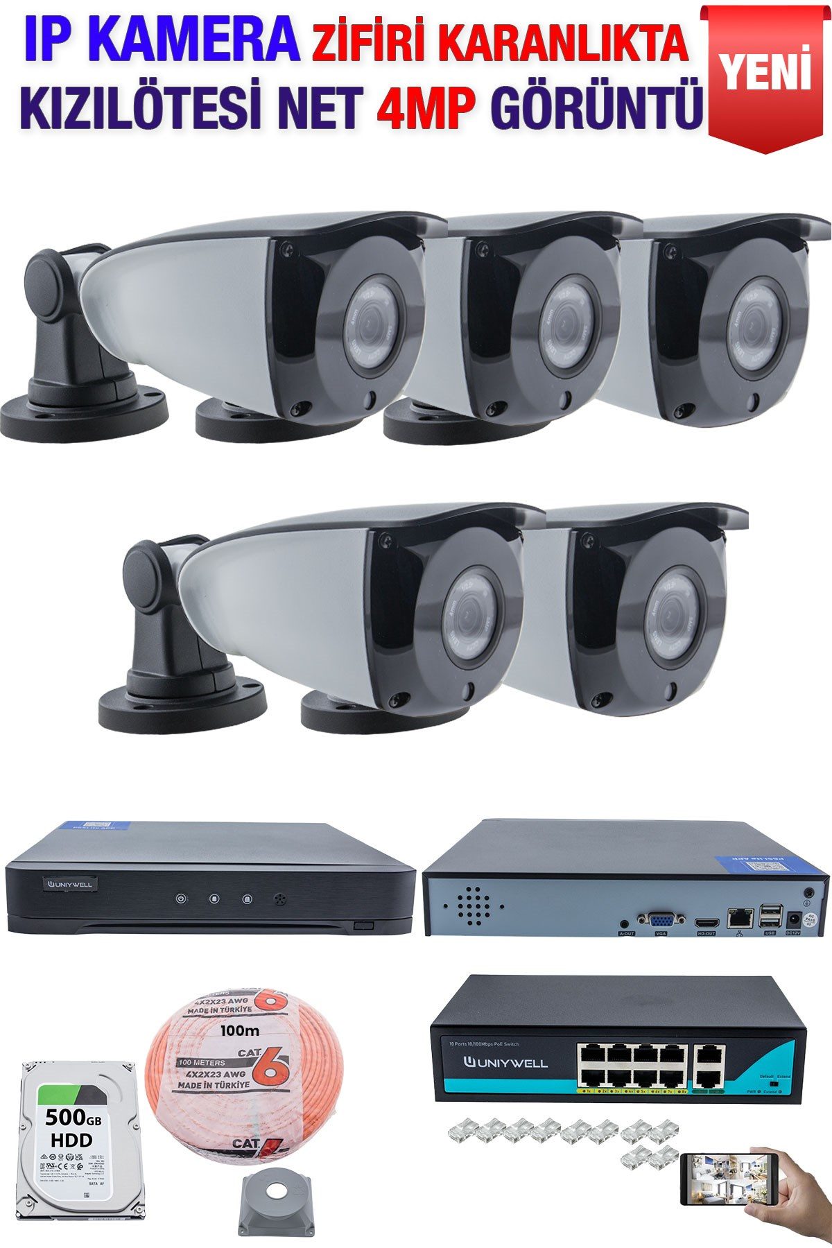 Kadraj IP Kamera Seti - 5 IP Kamera - 10 Kanal NVR - 8 Port POE Switch, 500 GB Disk, Gece Görüşlü (IR)