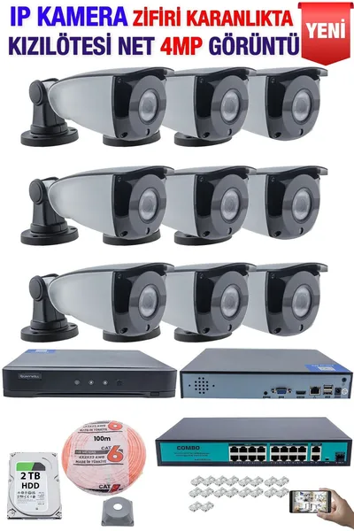 Kadraj IP Kamera Seti - 9 IP Kamera - 10 Kanal NVR - 16 Port POE Switch, 2 TB Disk, Gece Görüşlü (IR)