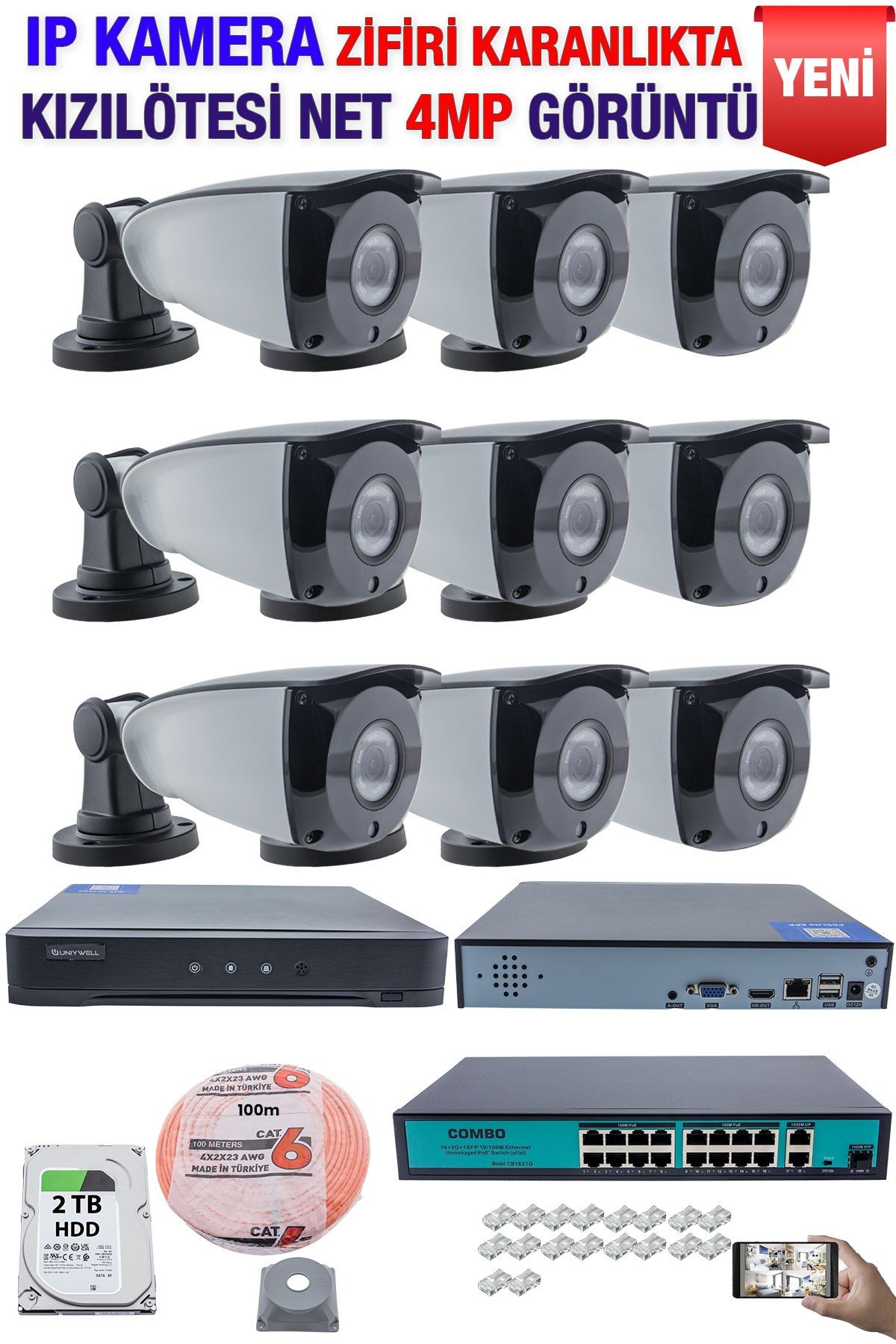 Kadraj IP Kamera Seti - 9 IP Kamera - 10 Kanal NVR - 16 Port POE Switch, 2 TB Disk, Gece Görüşlü (IR)