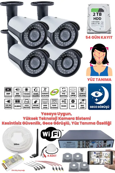 Kadraj Kadraj Güvenlik Kamera Seti - 4 Kameralı - 5MP Sony SecuLens, Full HD, Gece Görüşü, Yasalara Uygun, 2TB Disk + Ses Alma