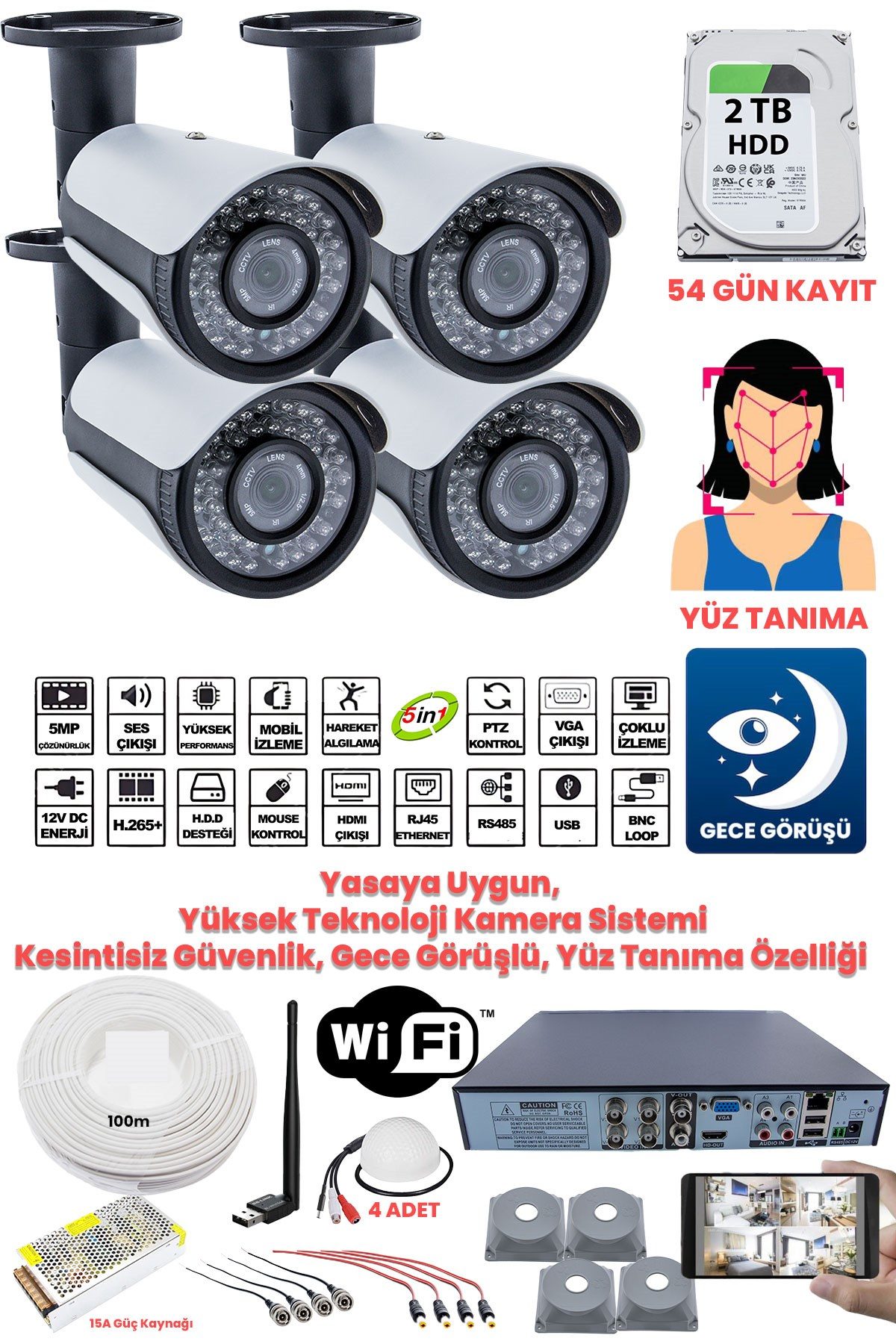 Kadraj Kadraj Güvenlik Kamera Seti - 4 Kameralı - 5MP Sony SecuLens, Full HD, Gece Görüşü, Yasalara Uygun, 2TB Disk + Ses Alma