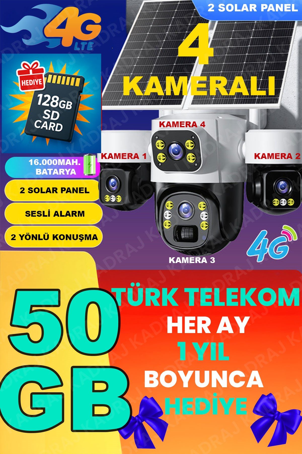 Kadraj Kadraj X34B – 4 Kameralı, 4G Sim Kartlı, 2 Solar Panel Destekli, 50GB Türk Telekom M2M Hat Hediyeli