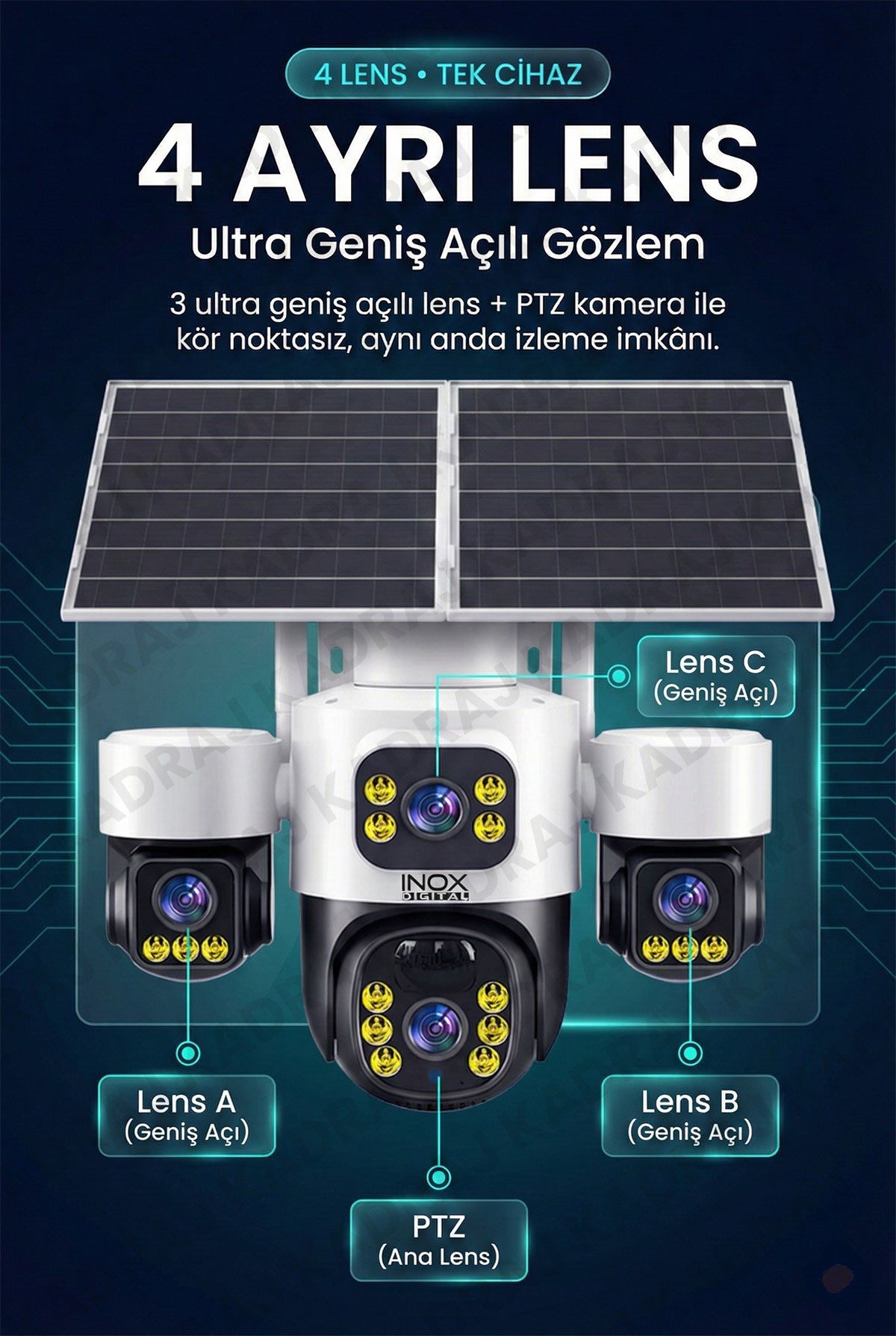 Kadraj Sim Kartlı, 4 Kameralı , Güneş Enerjili, Solar Panelli Kamera, 180GB TURKCELL Yıllık Hat, 128GB SD Kart, 16000mah - görsel 2