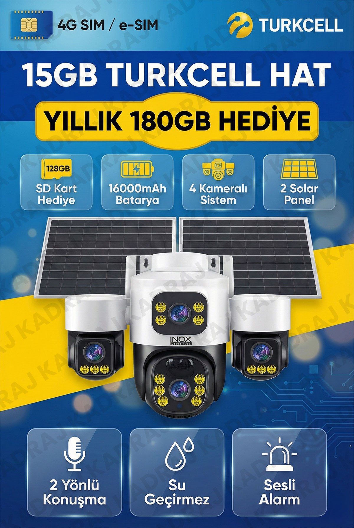 Kadraj Sim Kartlı, 4 Kameralı , Güneş Enerjili, Solar Panelli Kamera, 180GB TURKCELL Yıllık Hat, 128GB SD Kart, 16000mah - görsel 13