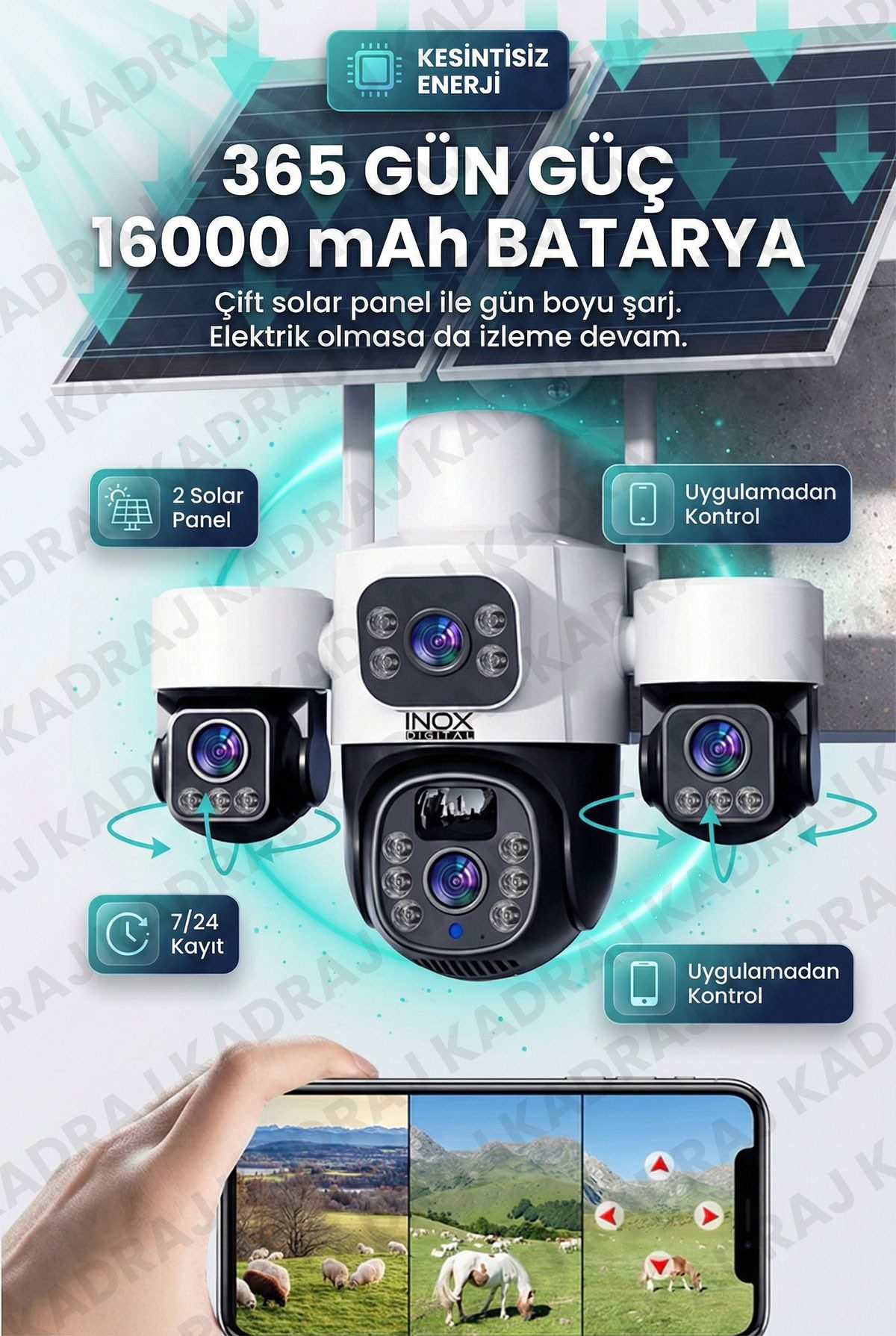 Kadraj Sim Kartlı, 4 Kameralı , Güneş Enerjili, Solar Panelli Kamera, 180GB TURKCELL Yıllık Hat, 128GB SD Kart, 16000mah - görsel 9