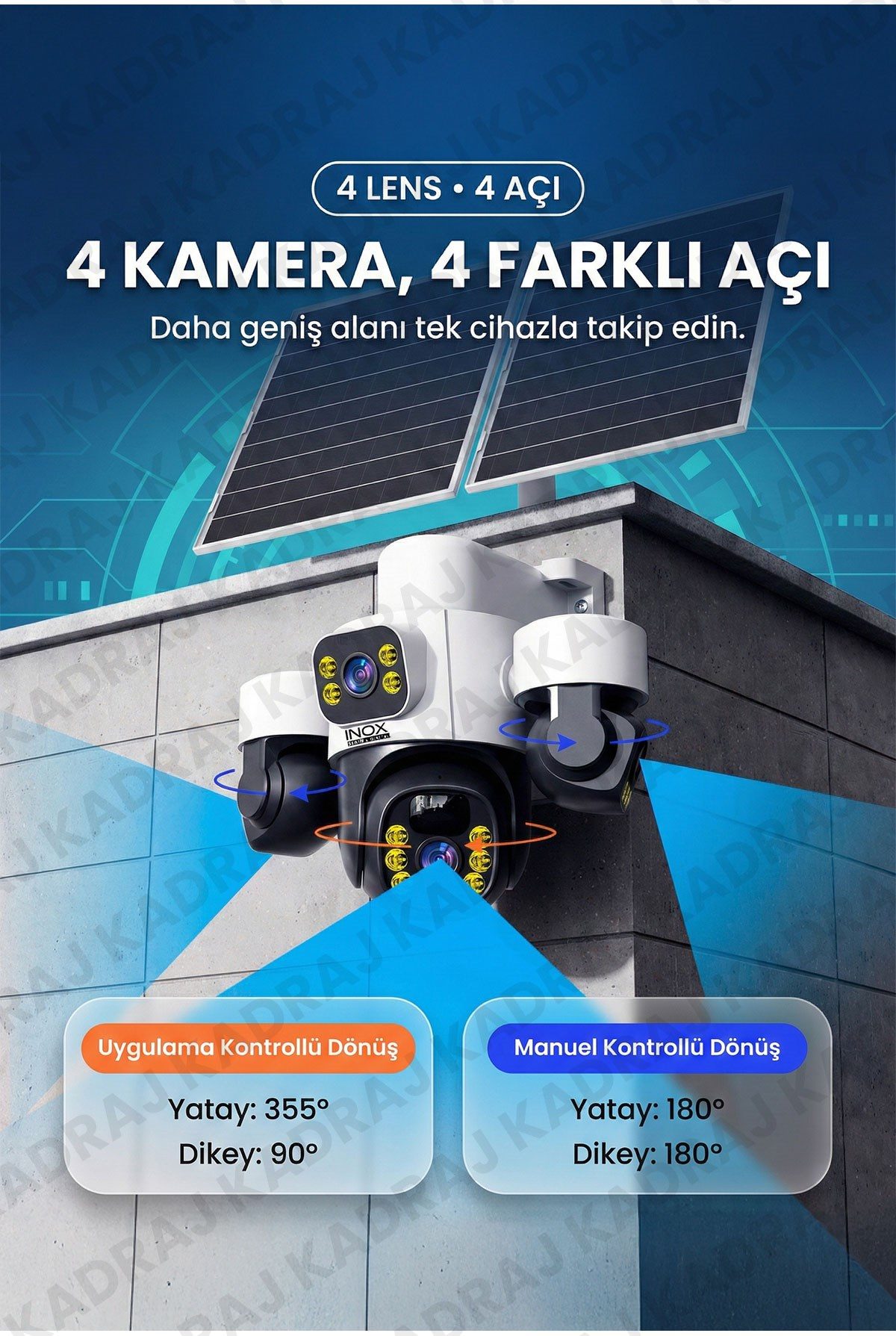 Kadraj Sim Kartlı, 4 Kameralı , Güneş Enerjili, Solar Panelli Kamera, 180GB TURKCELL Yıllık Hat, 128GB SD Kart, 16000mah - görsel 3