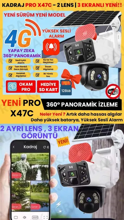 Kadraj Sim Kartlı Güvenlik Kamerası, Solar Panelli Kamera, 4G X47C PRO Güvenlik Kamerası, İnsan Takibi, Alarm, 3 EKRANLI Solar Kamera