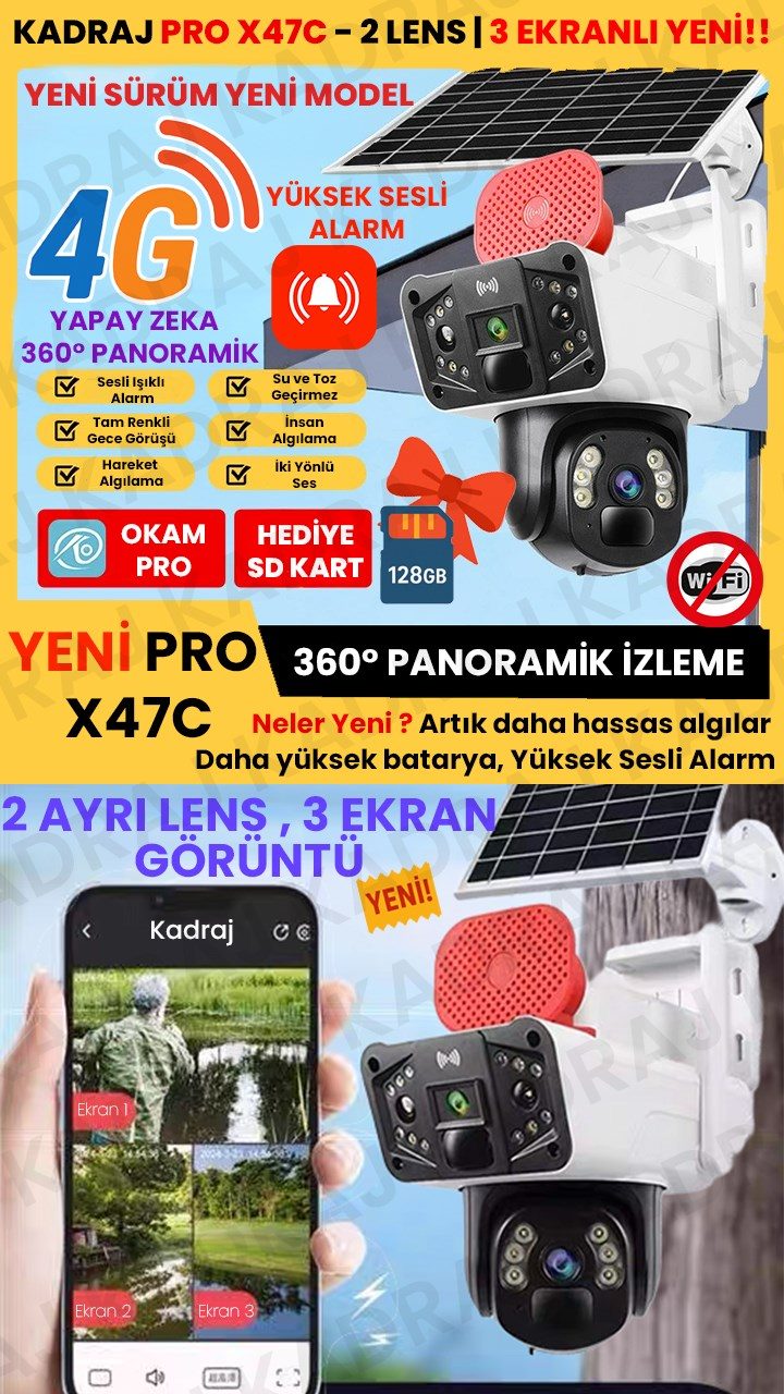 Kadraj Sim Kartlı Güvenlik Kamerası, Solar Panelli Kamera, 4G X47C PRO Güvenlik Kamerası, İnsan Takibi, Alarm, 3 EKRANLI Solar Kamera