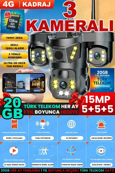Kadraj Sim Kartlı Kamera, 3 Kameralı, Solar Panelli, 20GB TURK TELEKOM Hat Dahil, İnsan Algılama, Sesli Konuşma, Alarm,X66B