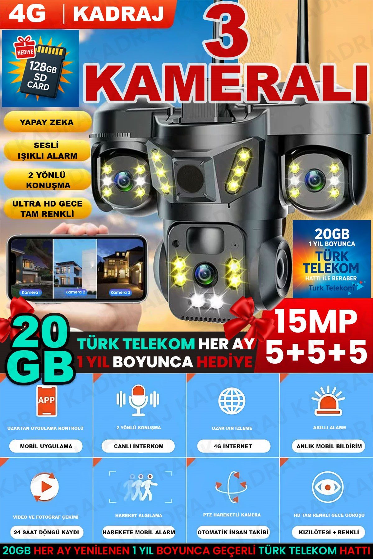 Kadraj Sim Kartlı Kamera, 3 Kameralı, Solar Panelli, 20GB TURK TELEKOM Hat Dahil, İnsan Algılama, Sesli Konuşma, Alarm,X66B